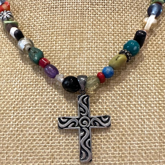 Multi-color Genuine Gemstone & Glass Bead Necklace w/ sterling silver cross .925 - Picture 4 of 10